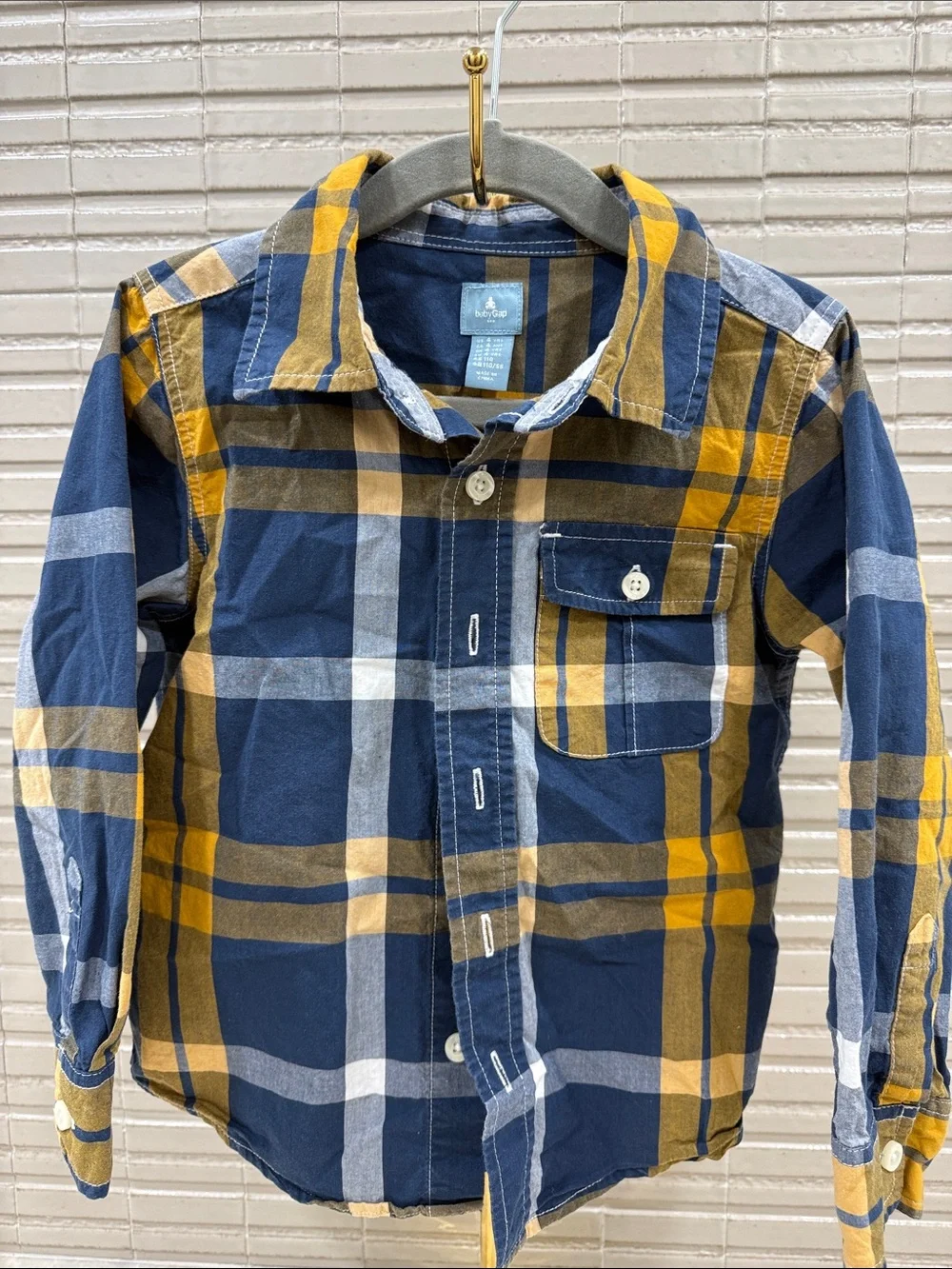 GAP Boys Navy & Mustard Plaid Button-Down Shirt